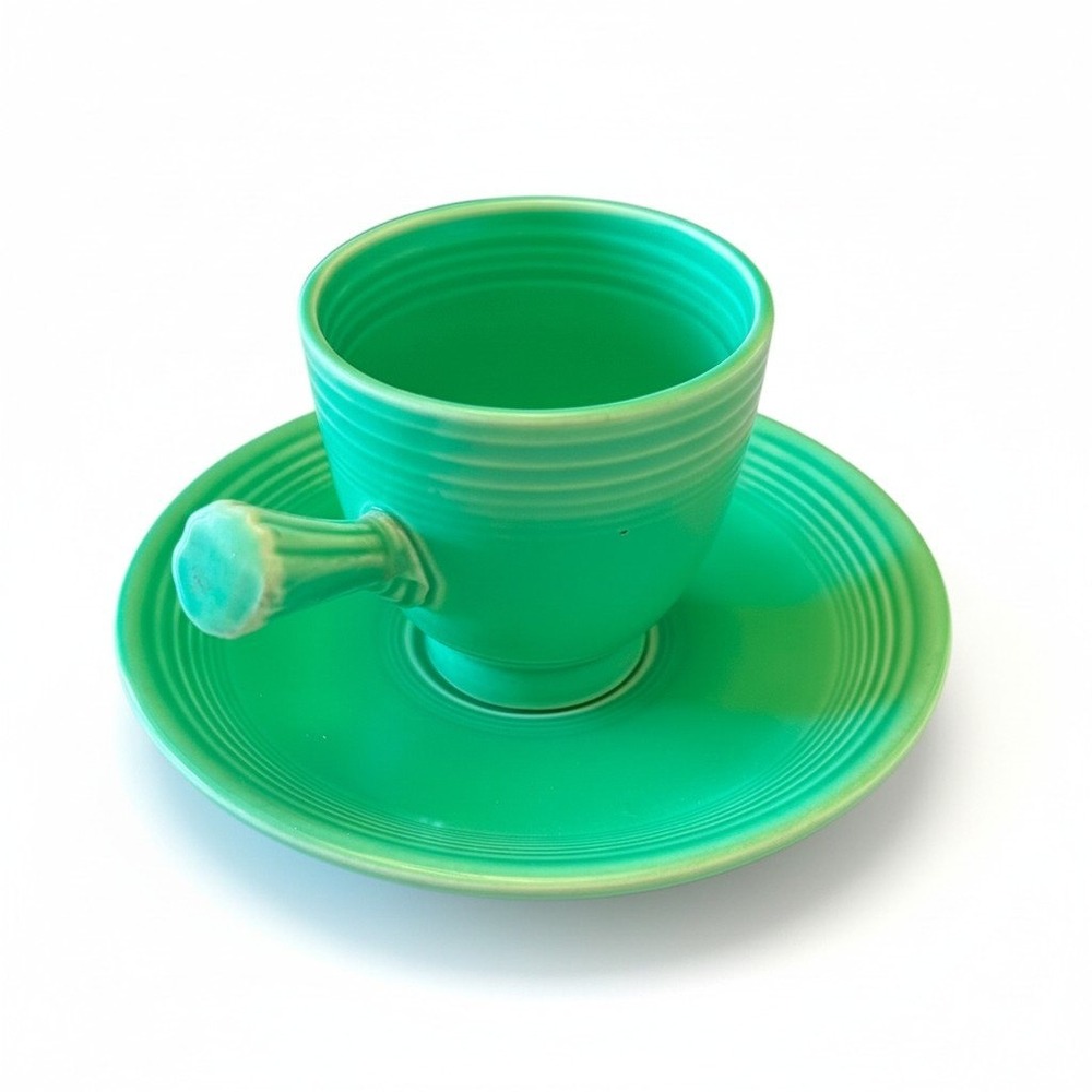 Fiesta Vintage Shamrock Green Stick Handle Demitasse Cup and Saucer Set Stone